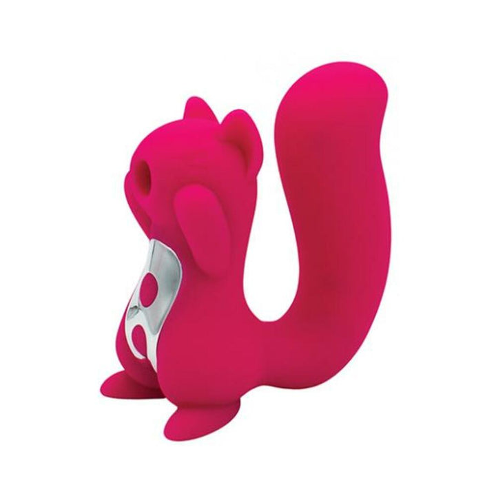 Red silicone squirrel-shaped dual motor adult toy with pulsing mouth and curved tail for targeted stimulation.