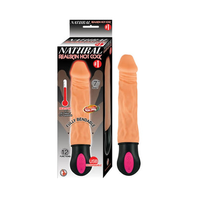 Beige 7-inch realistic dildo with USB rechargeable base and packaging highlighting heating and bendable features.