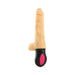 Beige realistic textured vibrating dildo with black and pink ergonomic control handle on white background.