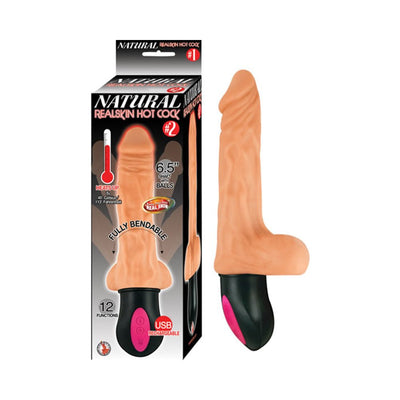 Beige 6.5-inch realistic textured vibrator with black and pink ergonomic USB rechargeable handle next to its packaging.