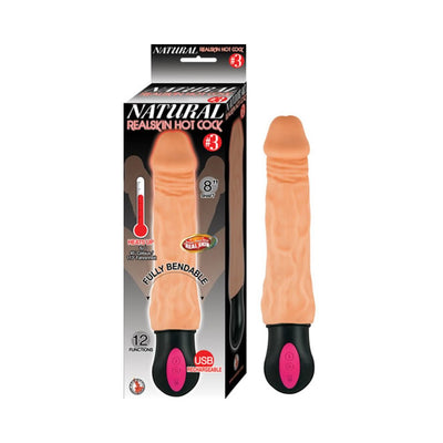 Beige 8-inch realistic textured vibrator with USB rechargeable handle and packaging showing heating and vibration features.