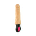 Beige realistic textured vibrating dildo with black handle and pink control buttons on white background.