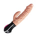 Realistic flesh-toned rotating dual motor massager with textured shaft and ergonomic black handle with pink controls.
