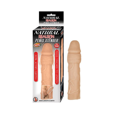Natural Realskin Penis Xtender with realistic texture and vibrating tip, adds 3 inches length and 30% girth increase.