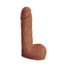 Brown realistic textured squirting penis toy with lifelike details and attached balls on white background.