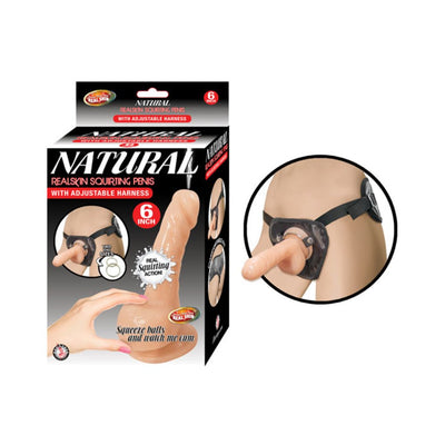 Natural 6-inch realistic squirting dildo with adjustable black harness displayed on packaging and mannequin.