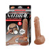 Brown realistic 8-inch squirting dildo with adjustable harness and two metal rings shown with packaging.