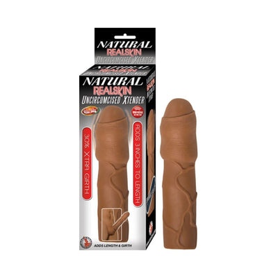 Brown uncircumcised penis extender sleeve with packaging highlighting 3-inch length and 30% girth increase.