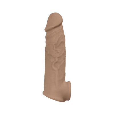 Natural Realskin vibrating penis extender sleeve in light brown with textured surface and realistic shape.