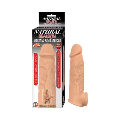Natural Realskin vibrating penis extender in flesh tone with packaging highlighting added length and girth features.