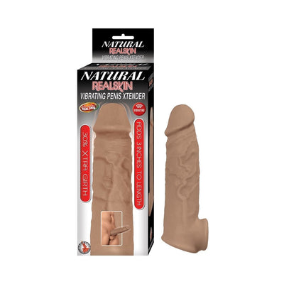 Natural Realskin vibrating penis extender in beige with textured surface and packaging showing product features.