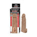 Natural Realskin vibrating penis extender in beige with textured surface and packaging showing product features.