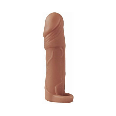 Natural flesh-toned vibrating extender with realistic texture and attached scrotum ring.