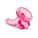 Pink translucent mini dildo with suction cup base and realistic texture, designed for beginner-friendly use.