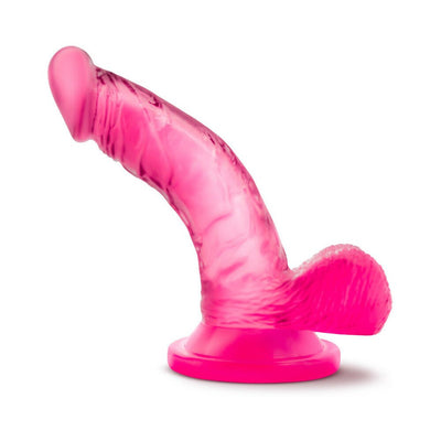 Pink translucent mini dildo with curved shaft and suction cup base, designed for targeted stimulation and beginner use.