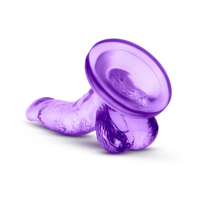 Purple translucent mini dildo with suction cup base and realistic curved shaft design for targeted stimulation.