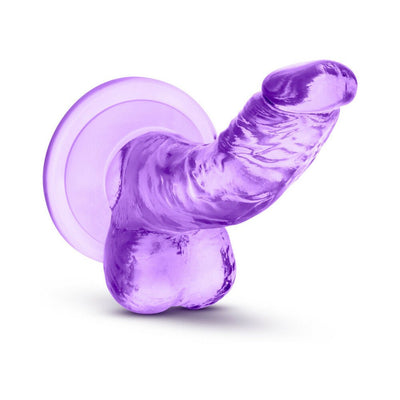 Purple mini dildo with suction cup base and curved shaft designed for targeted stimulation, made from soft flexible material.