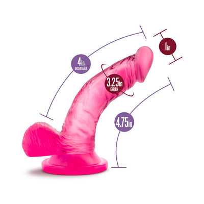 Pink mini dildo with suction cup base, curved shaft, and detailed measurements for length, girth, and width shown.