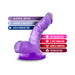 Purple mini dildo with suction cup base, textured for realistic feel, labeled with body-safe and harness-compatible features.