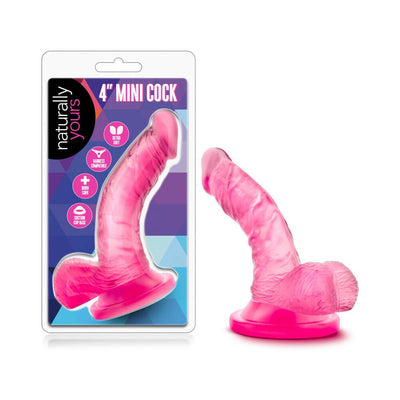 Pink 4-inch mini dildo with suction cup base displayed next to its Naturally Yours branded packaging.