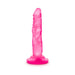 Pink 5-inch mini dildo with realistic texture and suction cup base on white background.