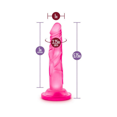 Pink mini dildo with suction base showing dimensions of 5.75 inches length and 1 inch width.