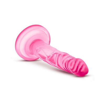 Pink mini dildo with realistic texture and suction cup base, 5 inches long, designed for beginner use.