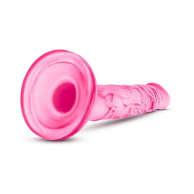 Pink mini dildo with suction cup base, 5 inches long, realistic texture and compact design for beginners.