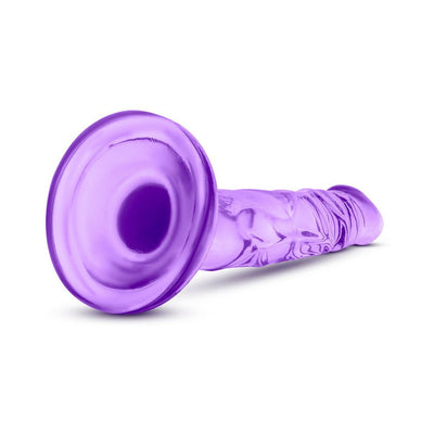 Purple 5-inch mini dildo with suction cup base, textured shaft, and realistic design for beginner use.