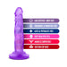 Purple 5-inch mini dildo with suction cup base and features including body safe, fragrance free, latex free, soft feel, and harness compatible.