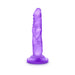 Purple 5-inch mini dildo with suction cup base, textured for a realistic feel, made from smooth translucent material.