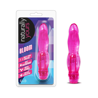 Pink Naturally Yours Bloom flexible vibrator shown in packaging and separately with multi-speed vibration features.