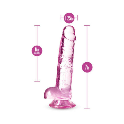 Pink crystalline dildo with suction base, 7 inches long and 1.25 inches wide, showing detailed measurements.