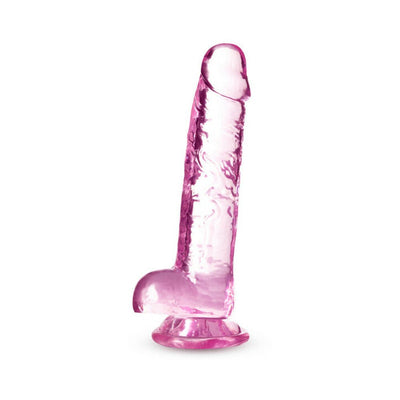 Translucent rose-colored 7-inch crystalline dildo with suction cup base and realistic detailing.