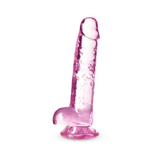 Translucent rose-colored 7-inch crystalline dildo with suction cup base and realistic detailing.