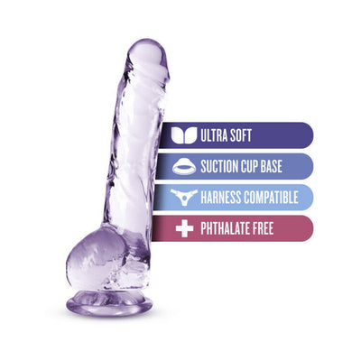 Translucent amethyst 8-inch dildo with suction cup base, ultra soft, harness compatible, and phthalate free.