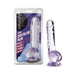Naturally Yours 8-inch translucent amethyst crystalline dildo with suction cup base and packaging shown side by side.