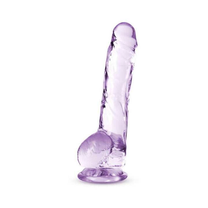 Translucent amethyst-colored 8-inch crystalline dildo with suction cup base and realistic detailing.