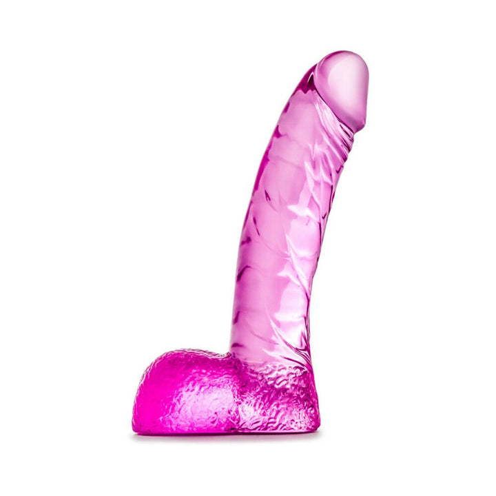 Clear pink petite dildo with a curved, textured shaft and suction base for hands-free use.