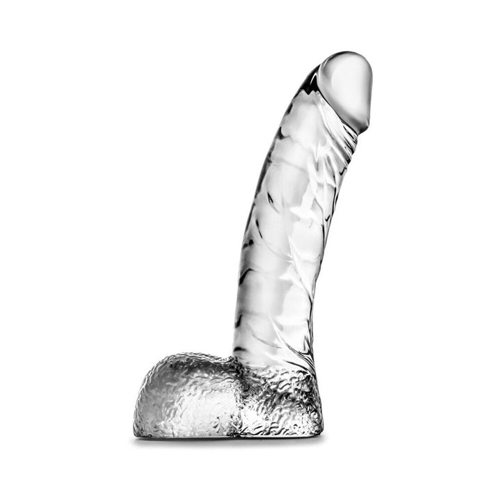 Clear, petite-sized realistic dildo with textured base and curved shaft for beginner-friendly use.