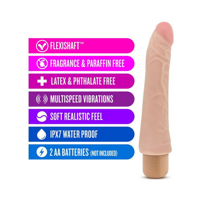 Flesh-colored realistic vibrator with multi-speed vibrations and waterproof design, shown with key product features.