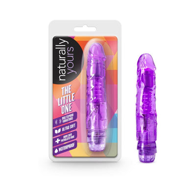 Compact purple multi-speed vibrator with realistic texture, shown in and out of colorful retail packaging.