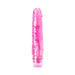 Compact pink translucent vibrator with textured shaft and twist dial control on white background.