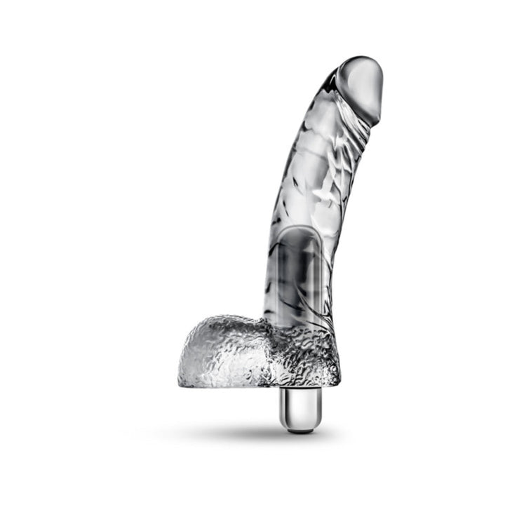 Clear textured vibrating dildo with realistic shape and removable bullet vibrator at the base on white background.