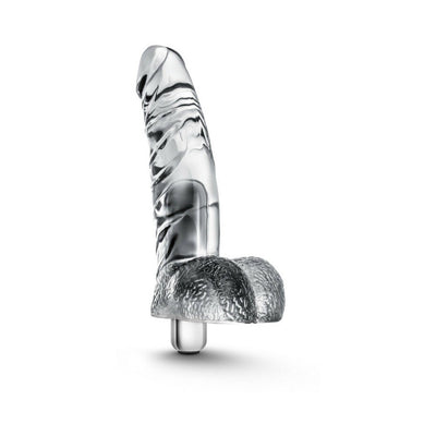 Clear realistic vibrating dildo with textured base and removable bullet vibrator on white background