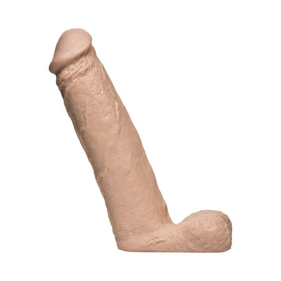 Vanilla-colored 8 inch realistic dildo with textured veins and attached balls, standing upright on a white background.