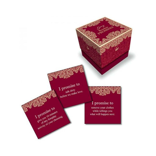 Set of red and gold ornate Naughty Boudoir Promises cards with romantic and playful text, displayed with matching decorative box.
