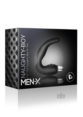 Black prostate and perineum stimulator with removable bullet vibrator displayed on sleek black packaging.