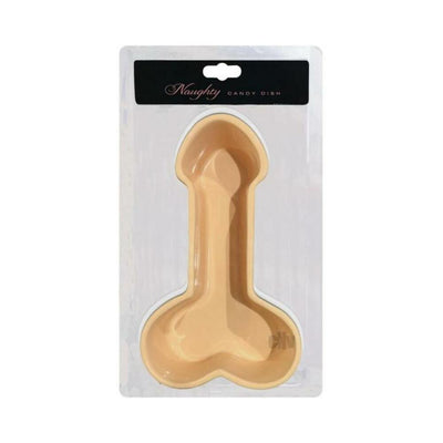 Beige novelty candy dish in playful adult-themed shape, packaged in clear plastic with black label.