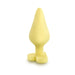 Soft yellow silicone anal plug with heart-shaped base on white background.